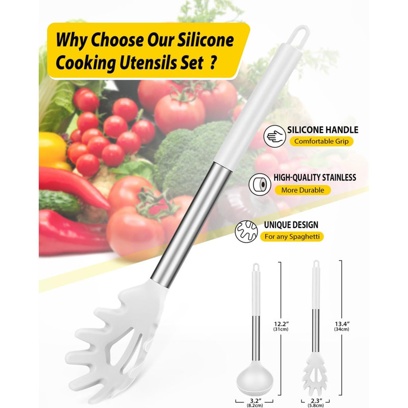 Ensemble de cuillères et fourchettes à pâtes en silicone, grands ustensiles de cuisine antiadhésifs pour la cuisson, le brassage, le service des spaghettis, la soupe, la sauce (BLANC)
