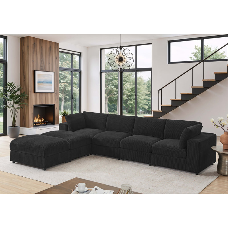 Canapé et chaise modulaire réversible de 138 po de largeur Aprea, Velours côtelé noir