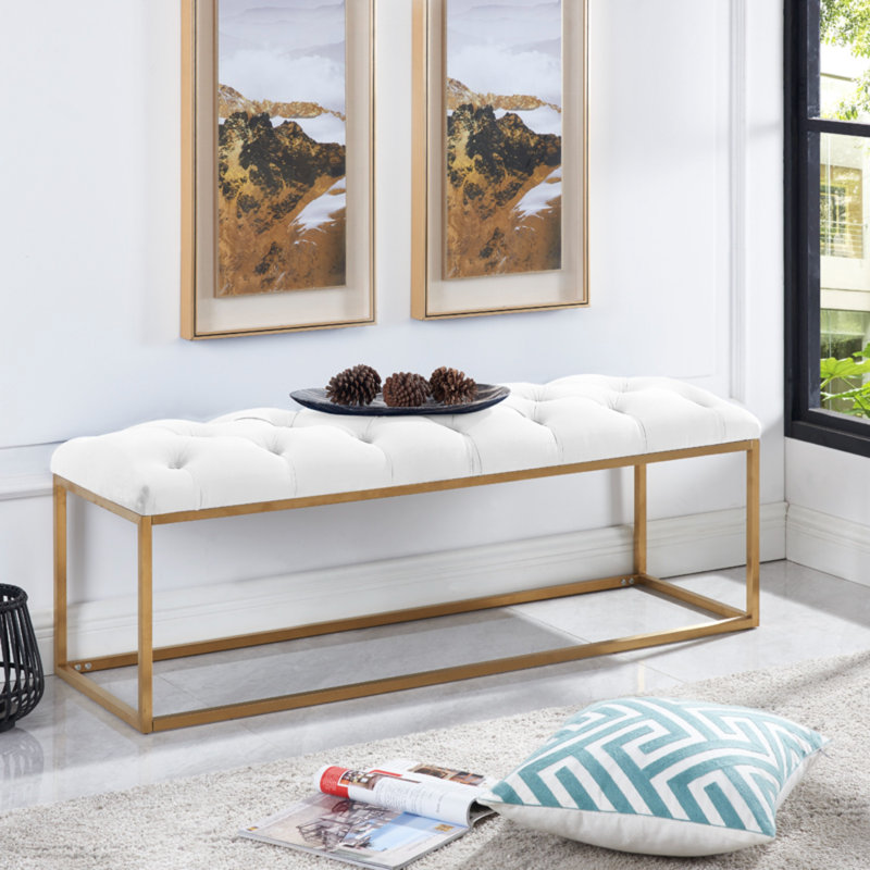 Velvet Upholstered Bench, White