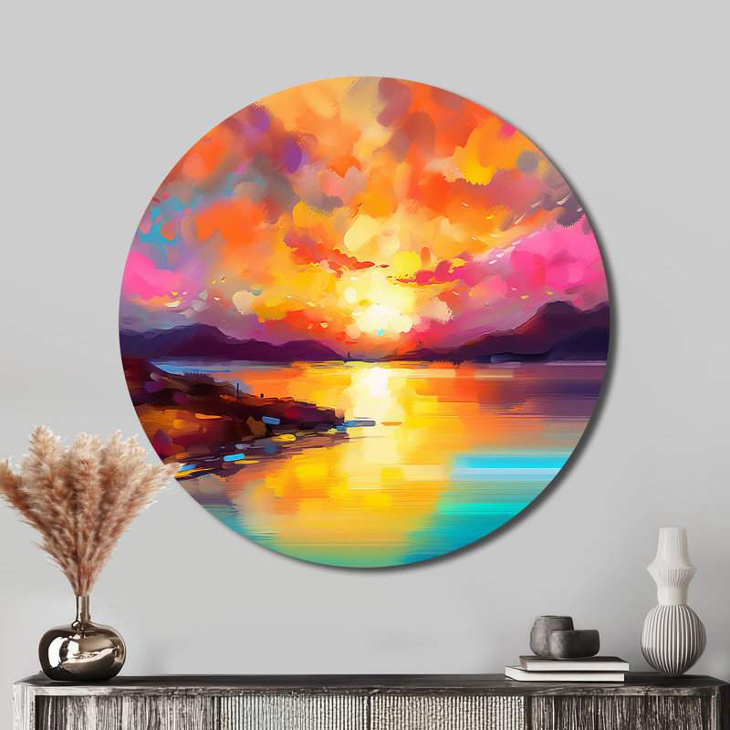 Coucher de soleil avec des reflets colorés II - art en métal rond côtier, 16" H x 16" W