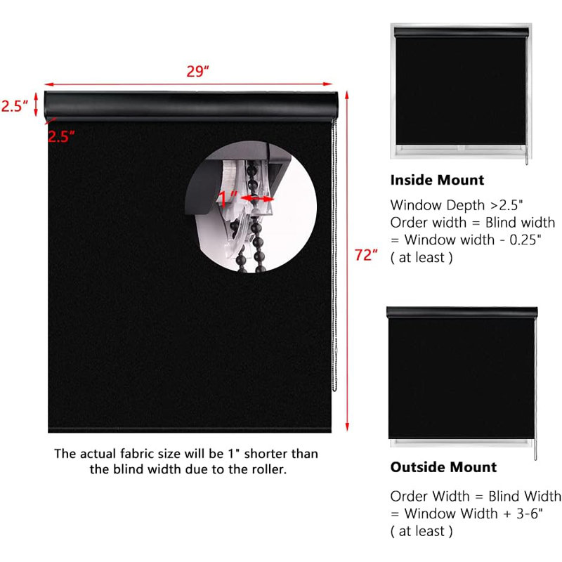 Rideaux occultant avec cantonnière, store romain noir imperméable, L 29 po x L 72 po