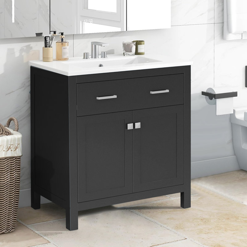 Meuble-lavabo simple 30 po avec comptoir en céramique, Noir, noir, noir, noir