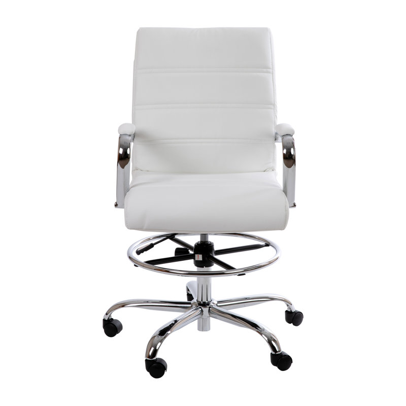 Mid-Back LeatherSoft Drafting Chair with Adjustable Foot Ring and Chrome Base, White