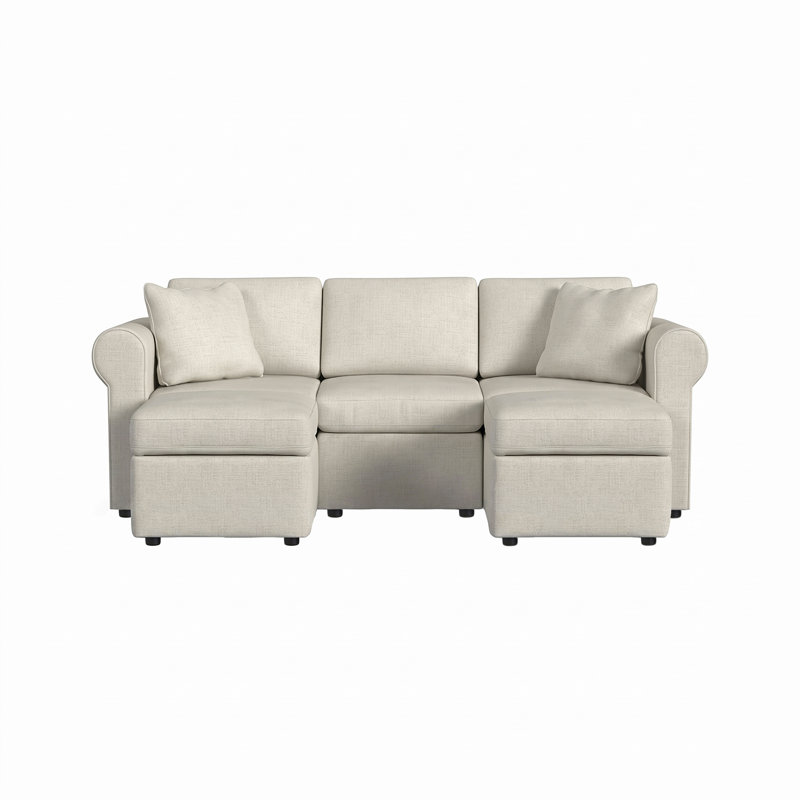 Canapé modulaire à accoudoirs roulés 3 places avec 2 repose-pieds Lyra, Polyester beige