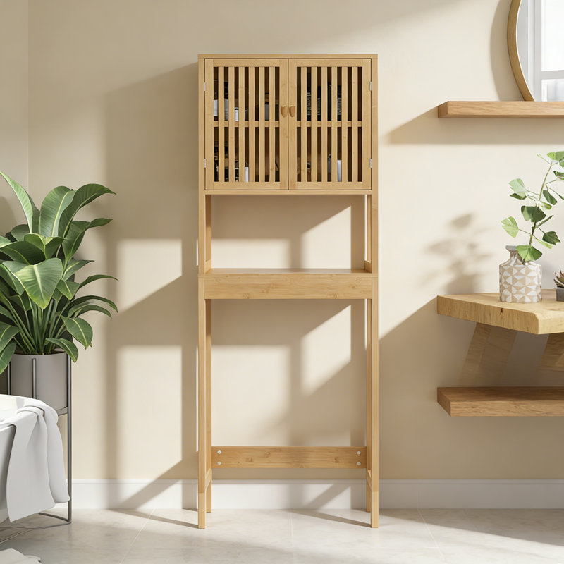Bamboo Over the Toilet Storage Cabinet, Over Toilet Bathroom Organizer with Slatted Doors, Adjustable Shelf and Open Shelf, Natural