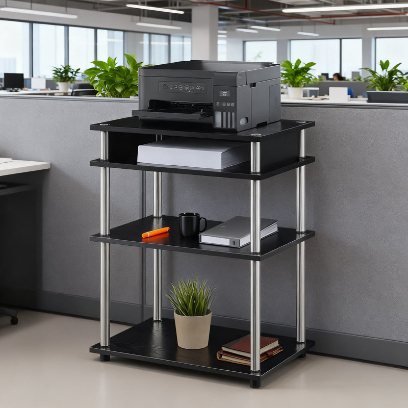 Support pour imprimante sans outil avec 4 tablettes réglables, fabrication en acier inoxydable et en panneau de particules pour l'organisation de la maison et du bureau