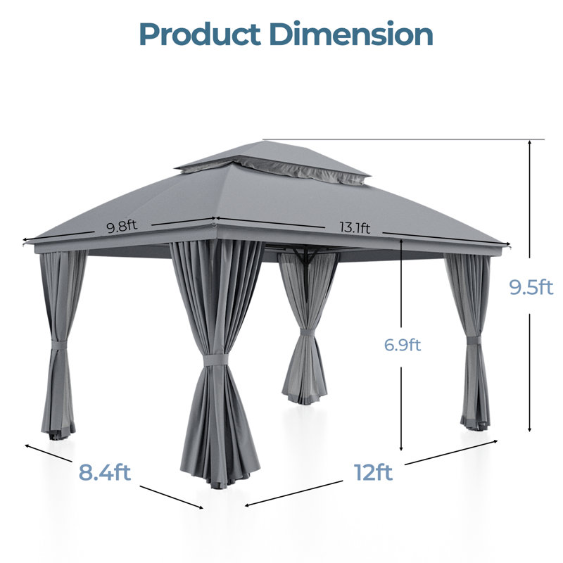 Vita 13 Ft. W x 10 Ft. D Steel Patio Gazebo with Soft Top Double Roof and Curtains
