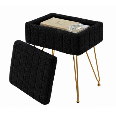 Vanity Stool with Hidden Storage Ottoman, Faux Fur Padded Seat with Metal Legs and Anti-Slip Feet, Soft Makeup Foot Rest for Bedroom, Living Room, and Dressing Room