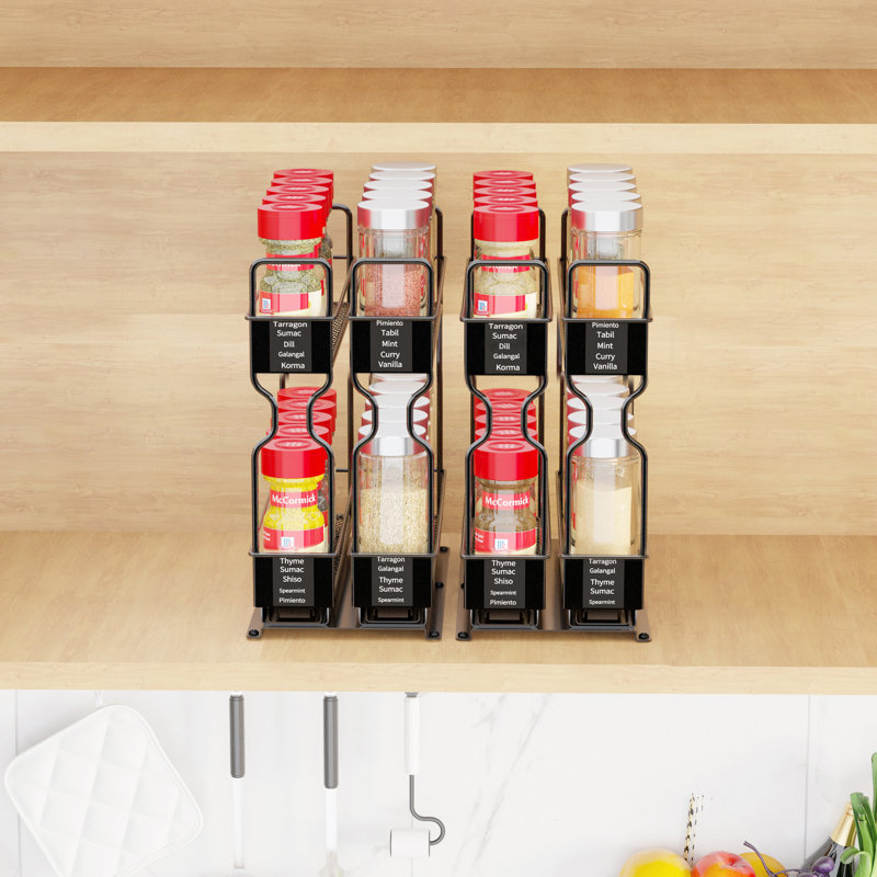 Heavy Duty Black Steel Pull Out Spice Rack Organizer with Labels