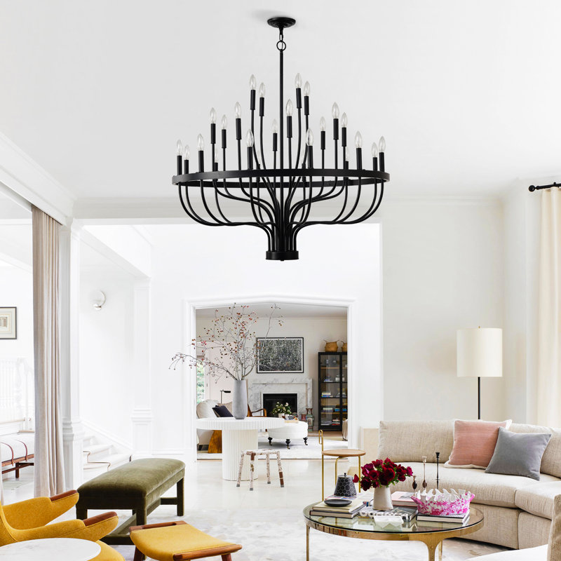 Bougie en fer noir mat 24 - industrielle pour la salle à manger, la chambre à coucher, le salon et la cuisine. Conception moderne suspendue. Hauteur réglable disponible. Douille E12 non incluse. Luxe rétro