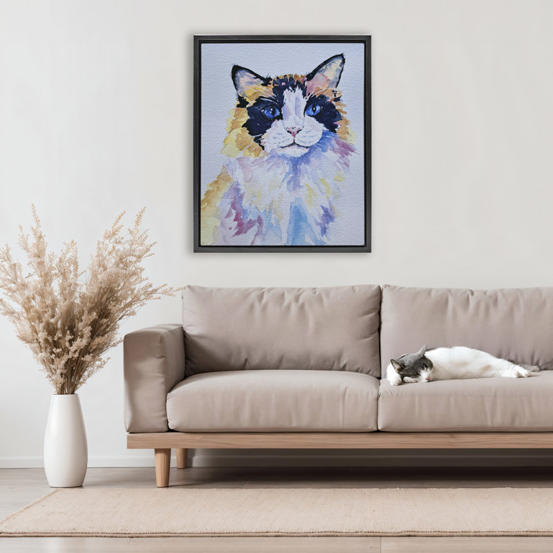 Cadre flottant Calico Cat Portrait, design par Tatiana Roberts, H 31 po x l 25 po, Cadre flottant noir de jais