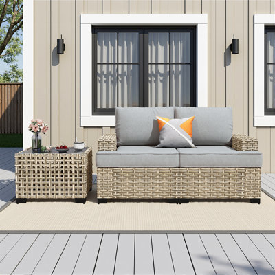 Causeuse extérieure en osier de 59 po de largeur avec coussins et table basse, ensemble de canapé modulaire en rotin avec sièges à accoudoirs gauche et droit pour terrasse, porche et cour arrière