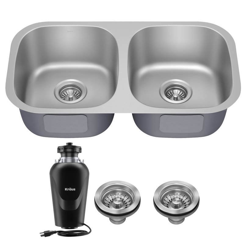 Kraus Premier Undermount Kitchen Sink with Waste Guard™ Garbage Disposal, Double Bowl, 32" L x 20" W x 8.75" D