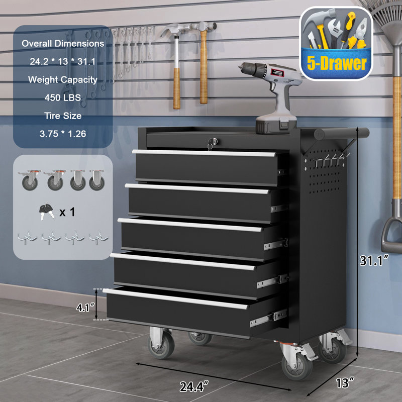 31.1'' Tool Box With 4 Rolling Wheels, 5-Drawer Metal Storage Chest (Black), Black