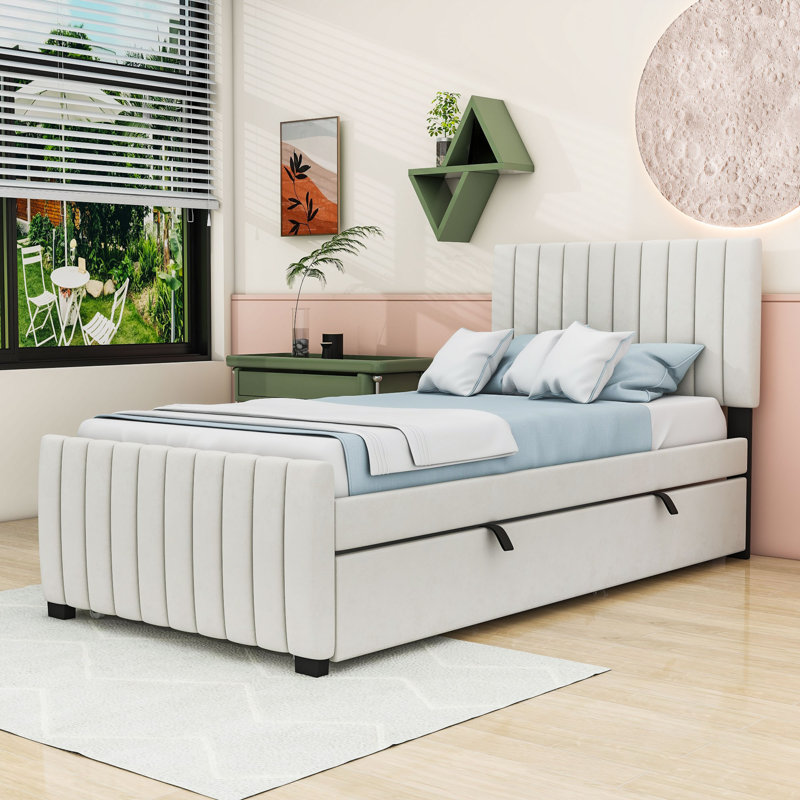 Knotts Twin Upholstered Platform Bed with Headboard and Twin Trundle, Beige