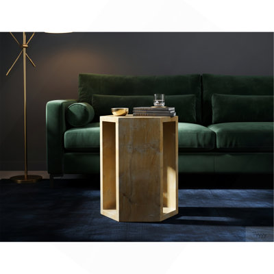 Table d'appoint luxueuse en marbre naturel doré espagnol de luxe, table de bout hexagonale de 16 cm de côté avec finition polie, socle en pierre géométrique moderne et table de chevet pour le salon (or, 40 cm x 32 cm)