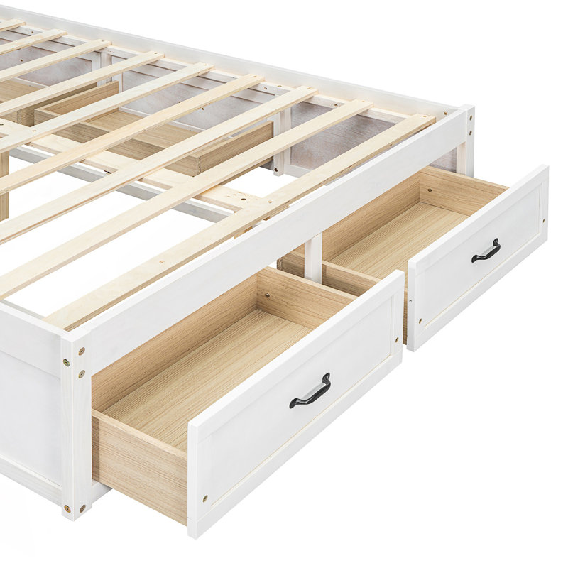 Lit plateforme double avec 6 tiroirs de rangement, Blanc antique