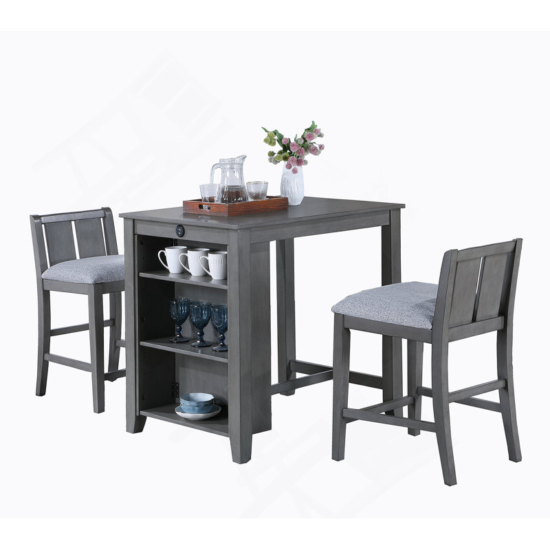 Table de salle à manger 3 pièces à hauteur de comptoir avec 3 tablettes et 2 chaises, Gris, Gris, Gris