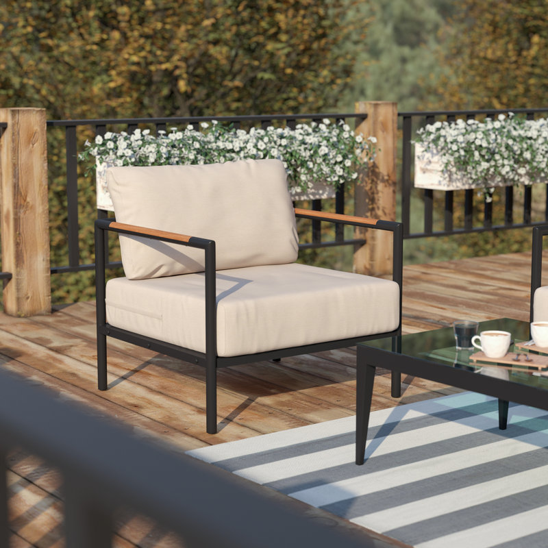 Annegriet Aluminum Frame Patio Chair with Teak Arm Accents and Plush Cushions, Beige