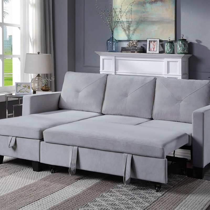 Canapé-lit modulaire en velours réversible avec méridienne de rangement, Gris clair