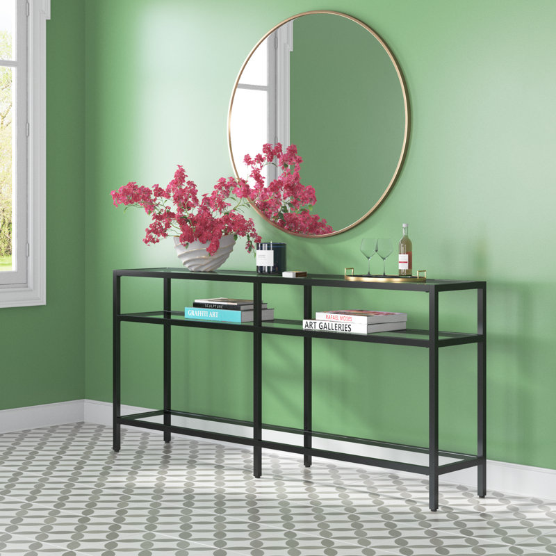 Ceno Glass Top Console Table, Blackened Bronze, 29.5" H x 64" W x 12" D