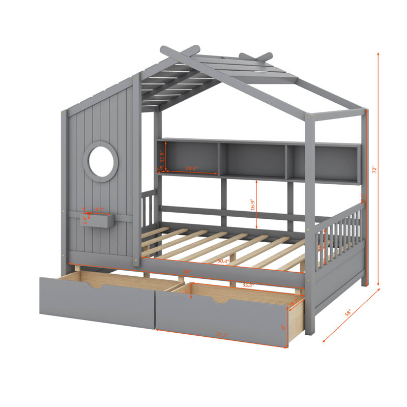 Lit double en bois avec tablettes de rangement et 2 tiroirs, Double