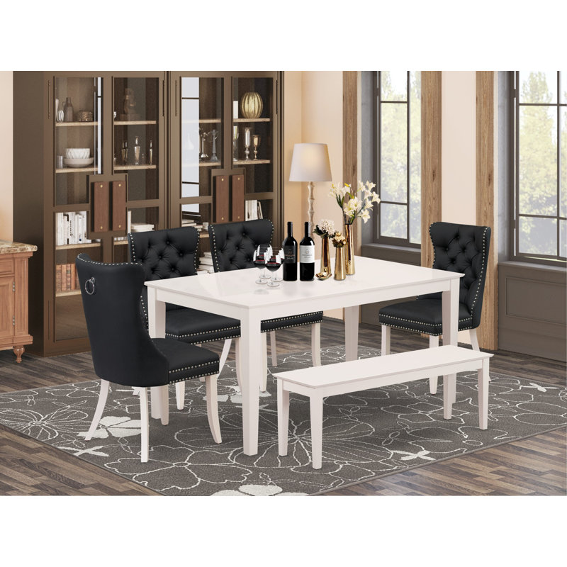 Ensemble de salle à manger 6 pièces comprenant une table de salle à manger rectangulaire moderne et 4 chaises Parson en tissu de polyester avec banc, lin blanc