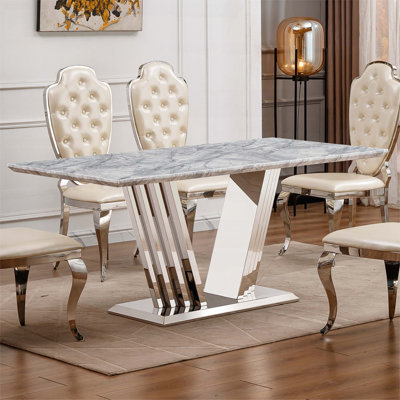 Table de salle à manger rectangulaire en marbre 70 pouces avec base en acier inoxydable miroir (6 à 8 places)
