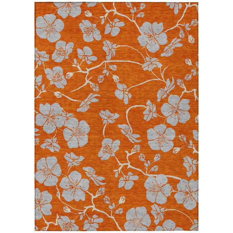Tapis extérieur lavable floral orange et gris 3 pi x 5 pi
