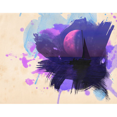 Décalcomanie murale amovible lune et voilier aquarelle