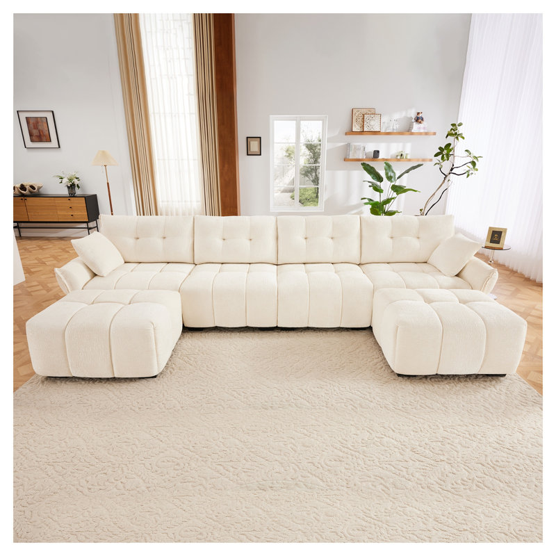Ensemble de conversation modulaire 4 places avec 2 repose-pieds, salon en chenille de qualité supérieure, 4 places, Blanc