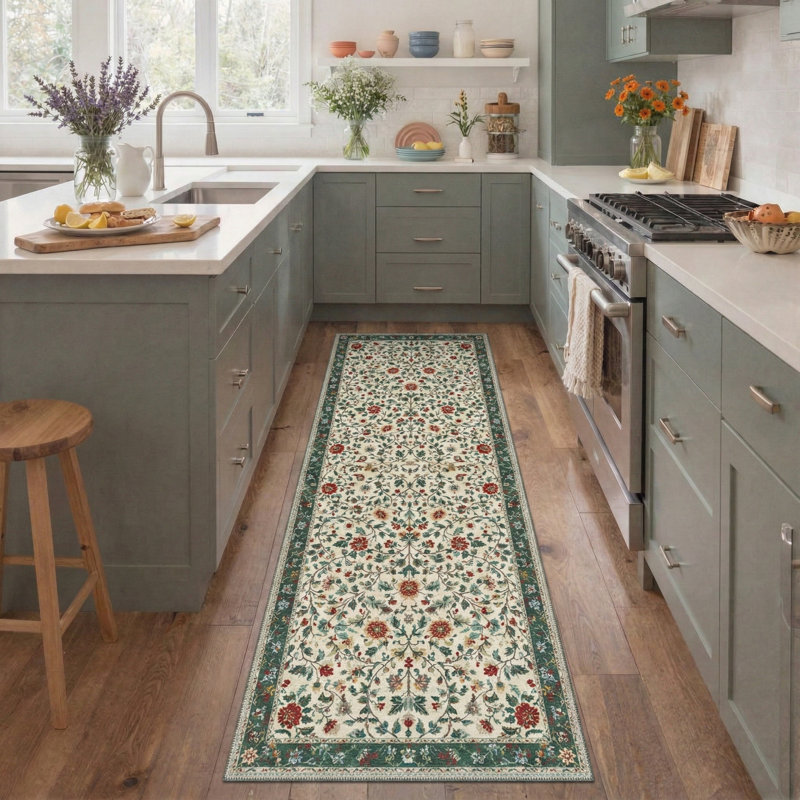 William Morris Botanical Green Floral Area Rug, Machine Washable, Inspired Faux Wool, Non-Slip Backing, Runner 2' x 7'