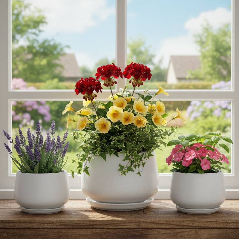 Set Of 3 White Ceramic Planters With Drainage Saucer Mesh Pad Indoor Decor Gift, White