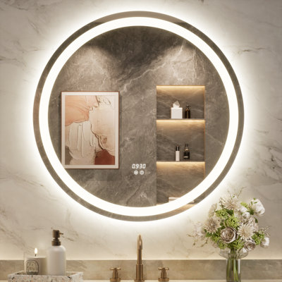 Miroir rond pour salle de bain à DEL avec horloge, température de 3 couleurs, antibuée, certifié UL, verre trempé