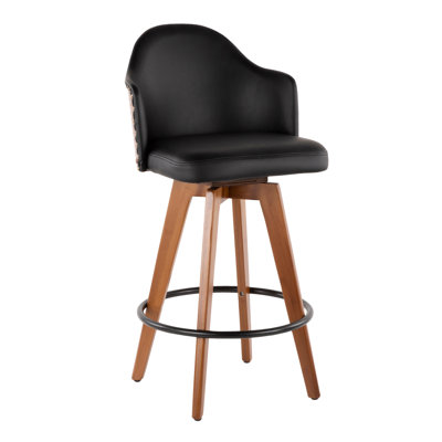 Tabouret de comptoir Mid-Century en similicuir noir et noyer