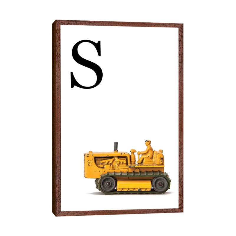 S Bulldozer Yellow White Letter - Print on Canvas, Classic Brown Wood Framed, 66.04 cm H x 45.72 cm W