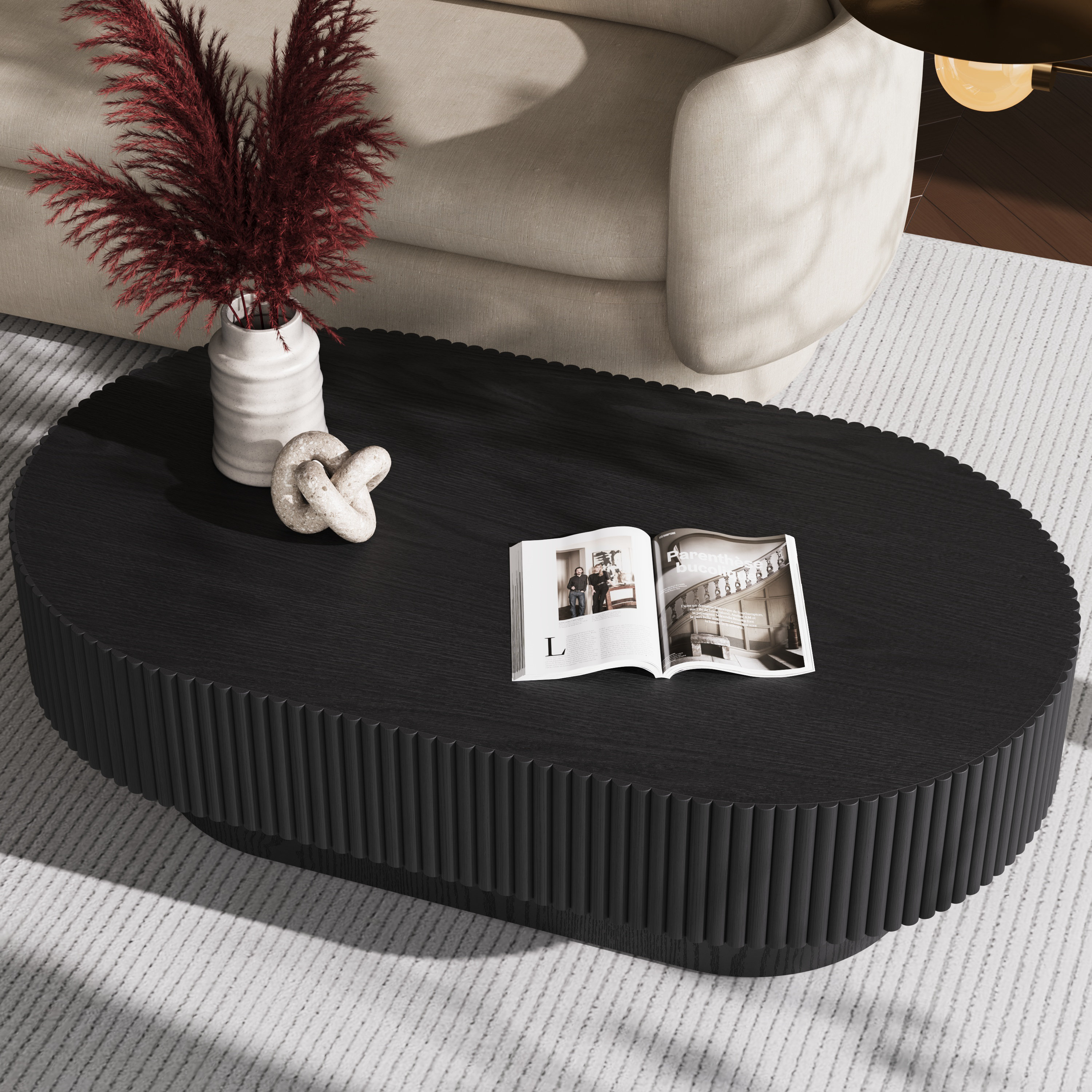 Alethia 44'' Handcrafted Oval Capsule Coffee Table – Fluted Solid Wood Design