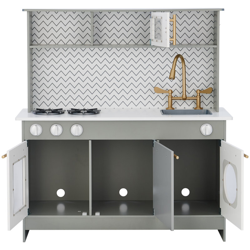 Teamson Kids Little Chef Berlin Wooden Play Kitchen with Gold Hardware, Accessories & Subway Tile Backsplash, Gray/White/Gold