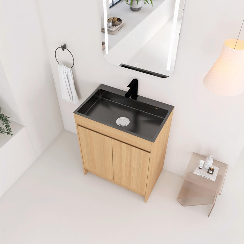 Meuble-lavabo autoportant de 28 pouces avec lavabo en acier inoxydable et tuyau de vidange flexible, 2 portes à fermeture douce