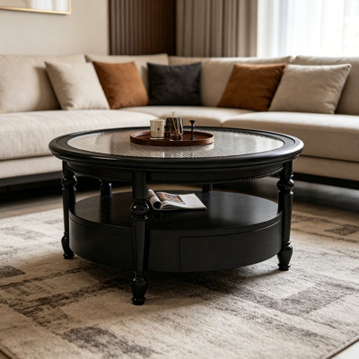 Round Glass Solid Wood Coffee Table