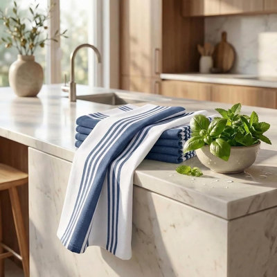 Blue & White Cotton Kitchen Towels, 6-Pack Highly Absorbent Dish Cloths with Hanging Loop for Drying & Cleaning