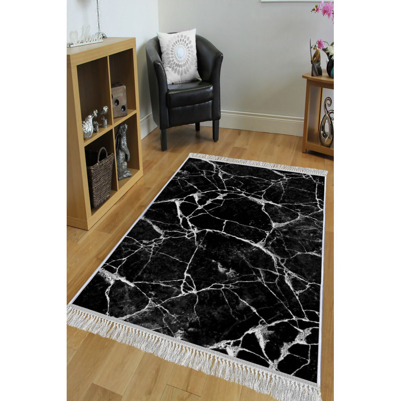 Tapis abstrait en coton tissé à plat à la machine en noir / blanc Treva, Tapis de couloir 2 pi 7 po x 9 pi 10 po