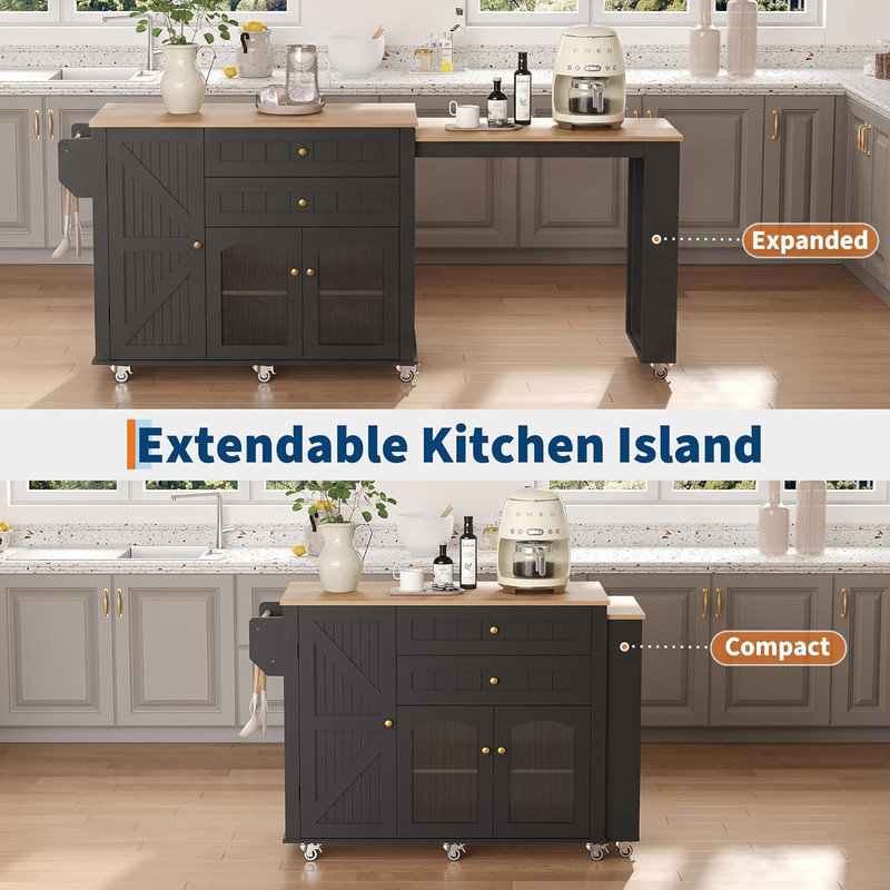 Îlot de cuisine 78,3 po avec 2 tabourets - table extensible, armoire, tiroirs, tablettes, chariot mobile blanc, Noir