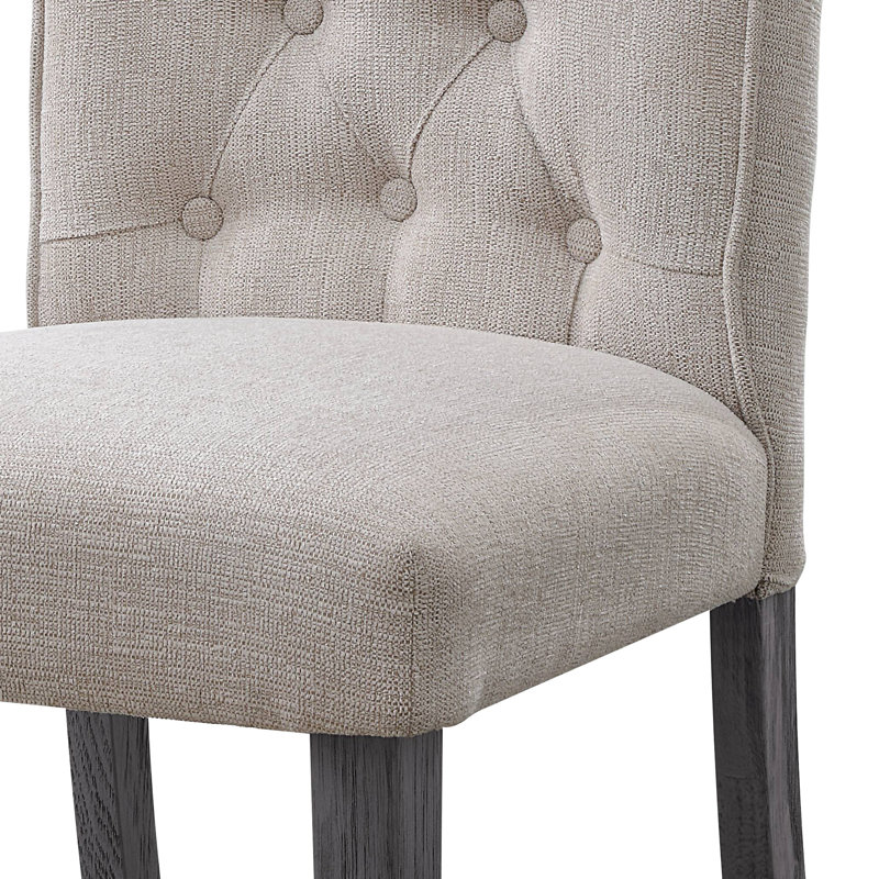 Chaise rembourrée en lin beige et gris à 2 boutons, rembourrage confortable, base en bois synthétique, paire de coussins d'une capacité de 220 lb, bois