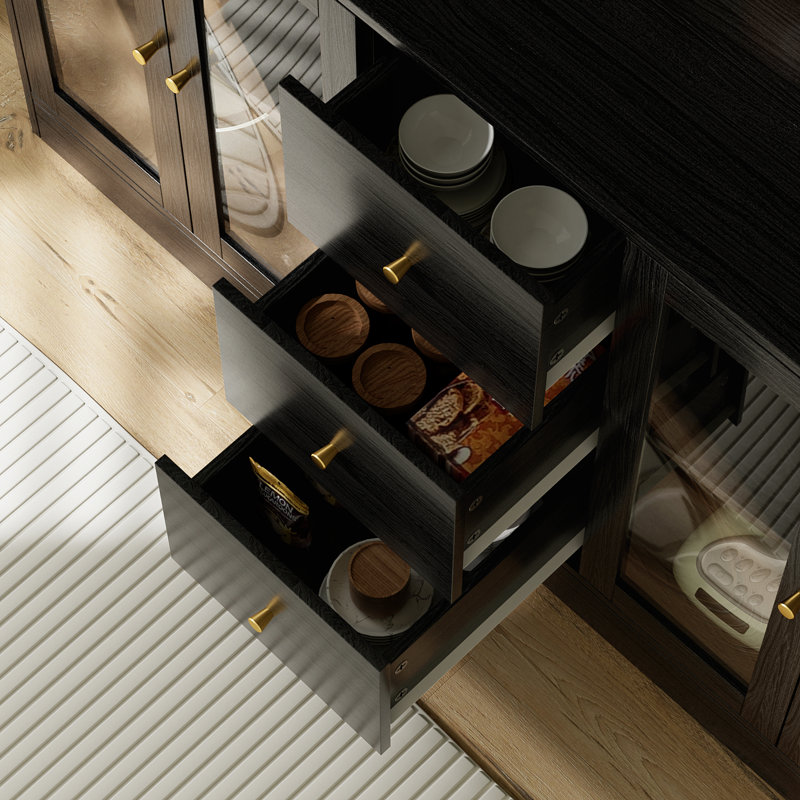 Large Kitchen Hutch Cabinet, Storage Cupboard Pantry With 4 Glass Doors, 4 Drawers & Microwave Shelf, Black