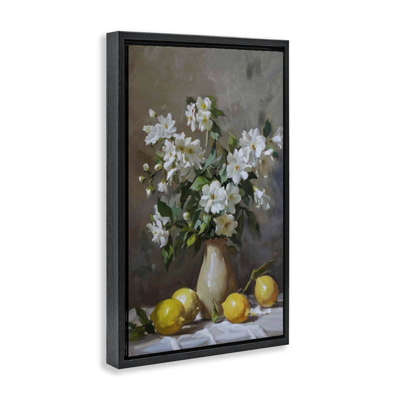 Cadre flottant Floral Lemons Still Life, design par LSR Design Studio, H 31 po x l 21 po, Cadre flottant noir de jais