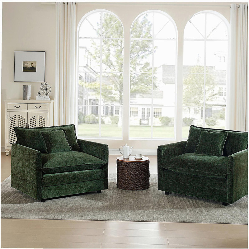 Ensemble de 2 chaises d'appoint, fauteuils rembourrés en chenille haut de gamme, chaises d'appoint de salon avec coussin décoratif, chenille verte