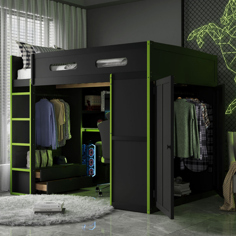 Lit mezzanine double avec bureau, lumières RVB, garde-robe et rangement, vert, Vert