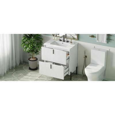 30 - Inch White Bathroom Vanity, Ceramic Basin, Soft Close Drawer Mechanism, Fluted Design, And Smart Interior Storage Solution 30" Vanity In White, With Countertop, Slides, Innovation