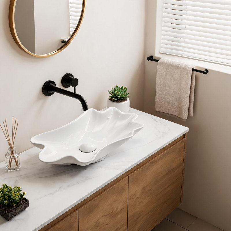 Vasque de salle de bain en céramique blanc laiteux de 61 cm (24 pouces) en forme de coquillage avec bonde préinstallé